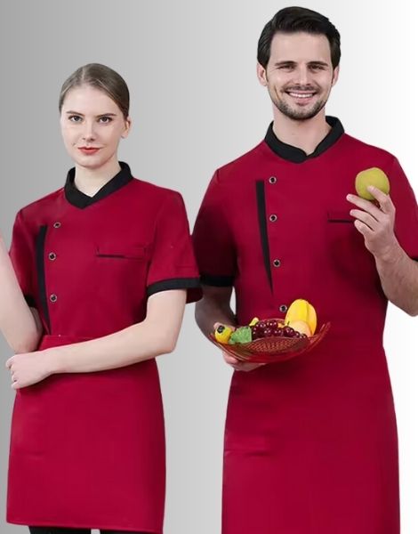 Red Color Chef Denim Short Sleeve Shirt
