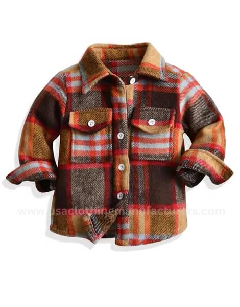 Wholesale Baby Girls' Long Sleeve Fleece Flannel Plaid Shirt Manufacturer