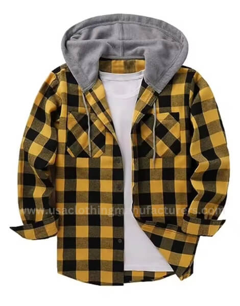 Wholesale Men's Long Sleeve Plaid Hooded Flannel Shirt Manufacturer