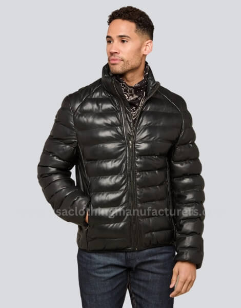 Custom Logo Solid Color Men’s Leather Puffer Jacket