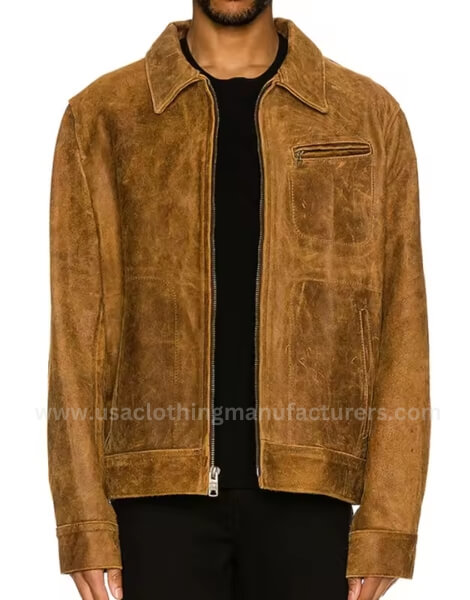 front zipper closure durable men's brown suede jacket