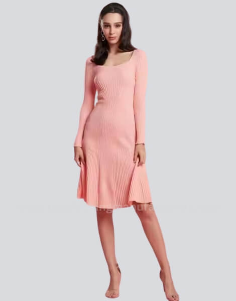 Round Neck Long Sleeve Pink Sheath Dress