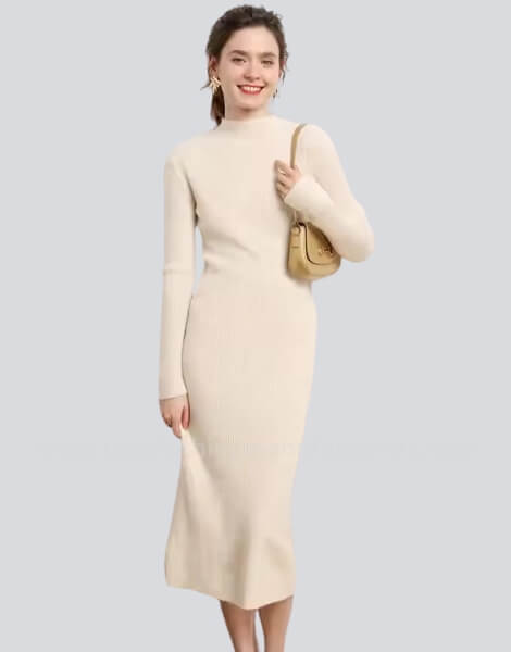 Simple Long Midi White Wool Sheath Dress for Women