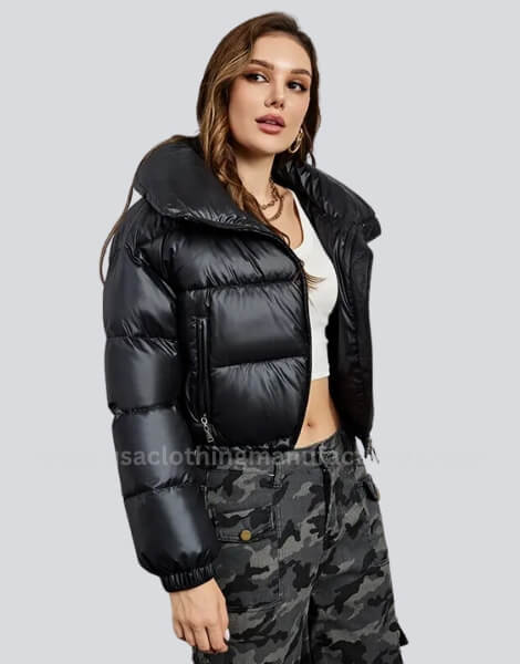 Warm Shiny Black High Collar Cropped Puffer Jacket