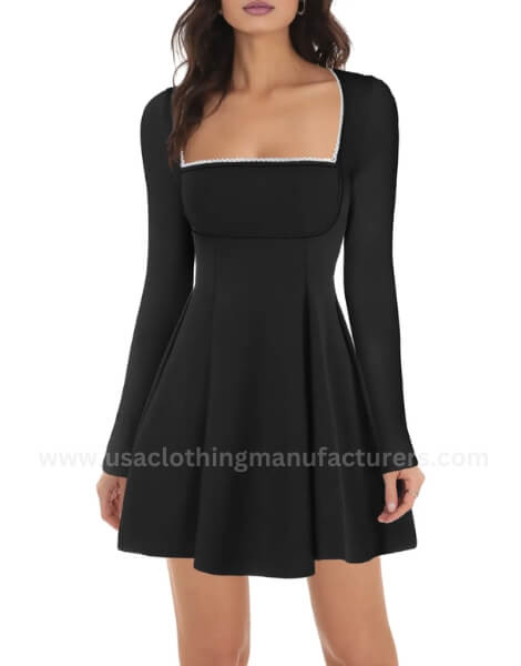 womans square neck black long sleeve mini dress