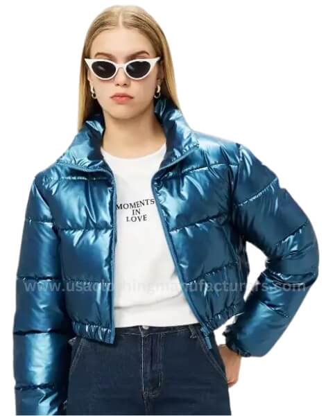 Wholesale Women s Light Blue Bubble Cropped Bomber Jacket