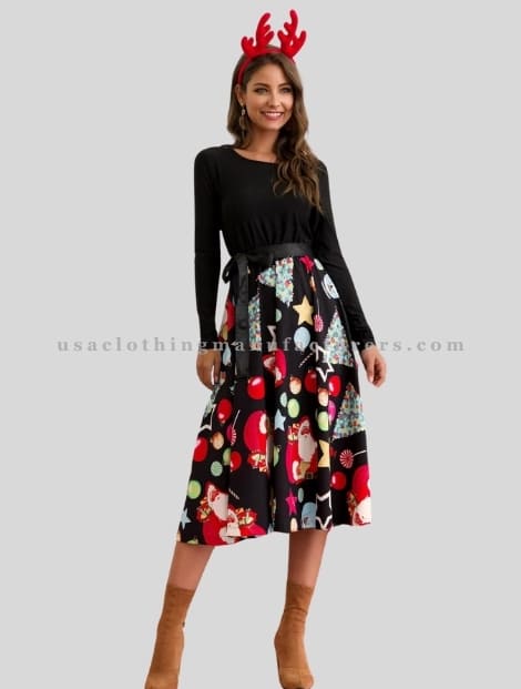 Black Top with Christmas Printed Skirt for Women in Bulk