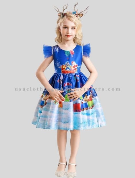 Blue Printed Christmas Party Dress for Kids Wholesaler