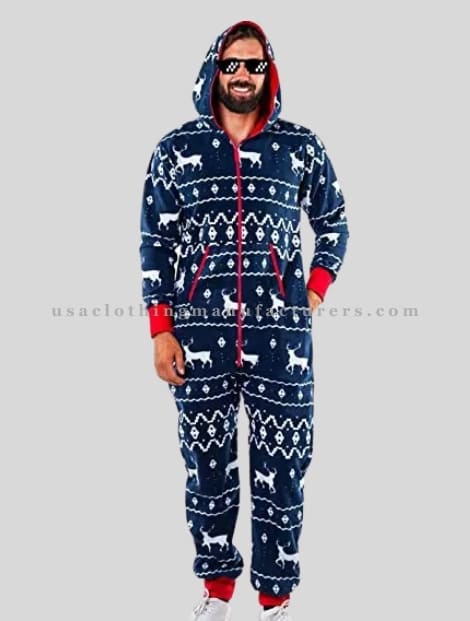 Mens Blue Printed Hooded Jumpsuit for Christmas Party Supplier