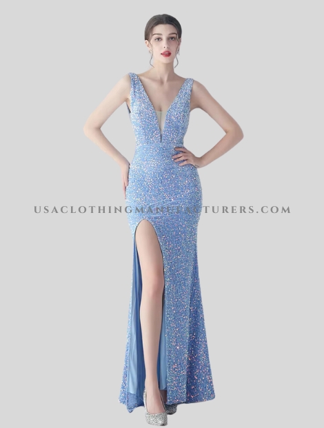 Sky Blue V Neck Sequin Maxi Dress Manufacturer